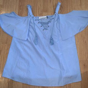off the shoulder baby blue shirt with front tie